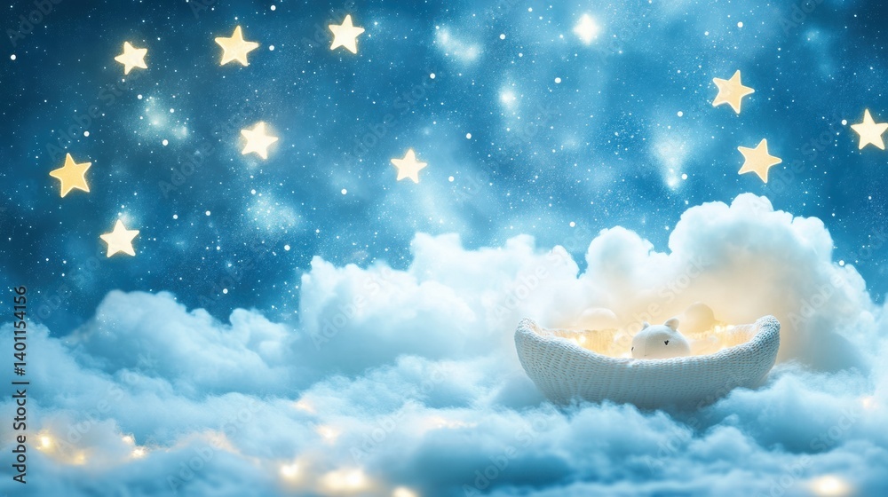 Poster Dreamy cradle floating in soft clouds surrounded by twinkling stars creating a serene bedtime atmosphere perfect for relaxation