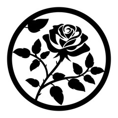 Round rose flower silhouette design- Beautiful rose with stem and leaves in a circular silhouette frame, perfect for decorative art, cards, crafts, stencils, and design projects