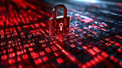 Digital security concept with padlock on red encrypted data stream