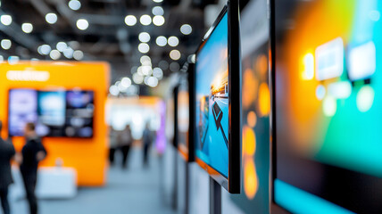 vibrant exhibition showcasing modern screens with blurred backgrounds, creating lively atmosphere