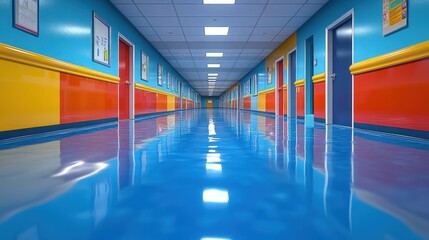 Fototapeta premium Colorful school hallway, polished floor