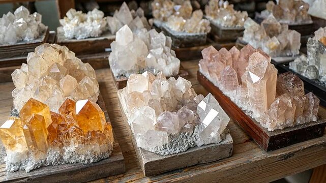 Display of various crystal formations on wooden shelves in a shop, showcasing colors and textures