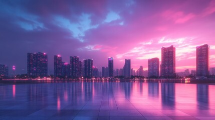 Fototapeta premium Mesmerizing skyscrapers reflecting in waterfront at sunset with vibrant pink and purple sky