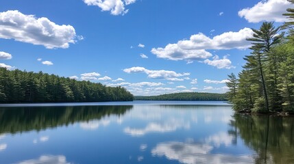 Fototapeta premium Calm lake reflects sunny sky, trees