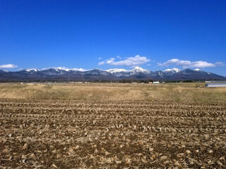 雪溶けした春の田んぼと八ヶ岳の山並み