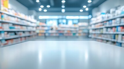 Fototapeta premium Blurred view of a modern pharmacy interior with shelves of medicines