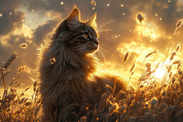 Cat sitting in tall grass, gazing intently at something unseen. Tall green blades surround it, sunlight filtering through the leaves.