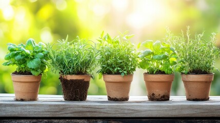 Fototapeta premium Fresh Green Herbs in Clay Pots on a Wooden Table with Soft Light
