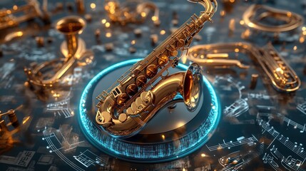 Obraz premium Golden saxophone on digital music notes, surrounded by brass instruments