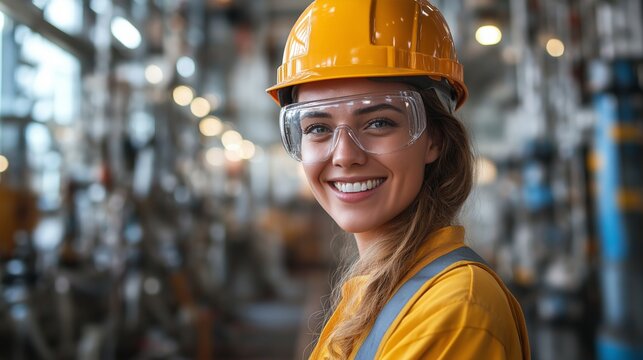 Smiling Caucasian female construction worker in yellow safety gear at building site, ideal for Labor Day promotions, gender equality in trades, and engineering career campaigns - Powered by Adobe