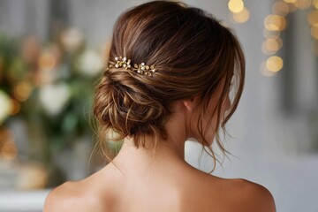 Woman with an updo style & hair jewelry at reception near blurred floral decor