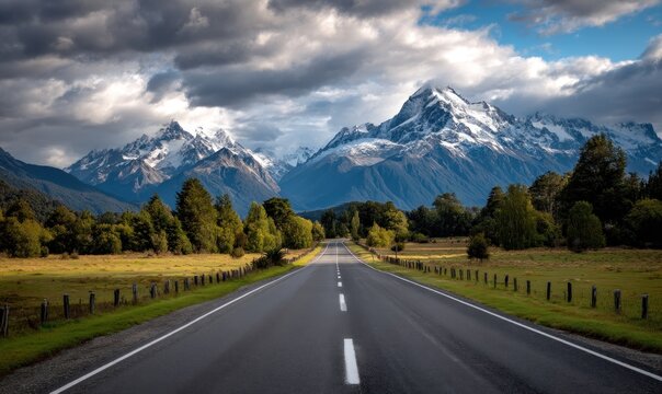 Road to snowy mountains amidst cloudy sky and green landscape for travel brochure