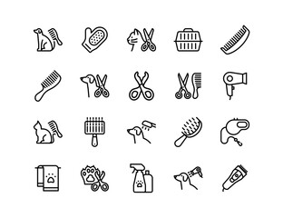 Pet Grooming Vector Icon Set | Adjustable Line Weight | Grooming, dog, cat, scissors, brush, comb, dryer, care, cleaning, hygiene, clippers, tools, fur, salon icons