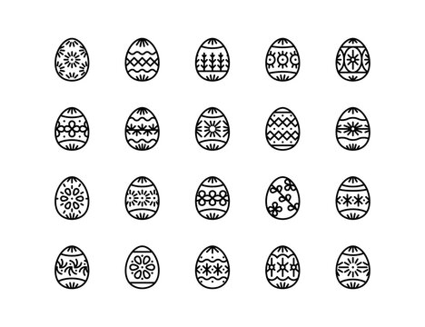 Easter Eggs Vector Icon Set | Adjustable Line Weight | Easter, eggs, spring, holiday, celebration, bunny, decorated, floral, ornamental, festive, pattern, religious, tradition icons