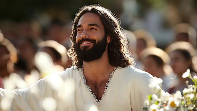 Jesus Christ sharing a day with people around him while smiling at the people