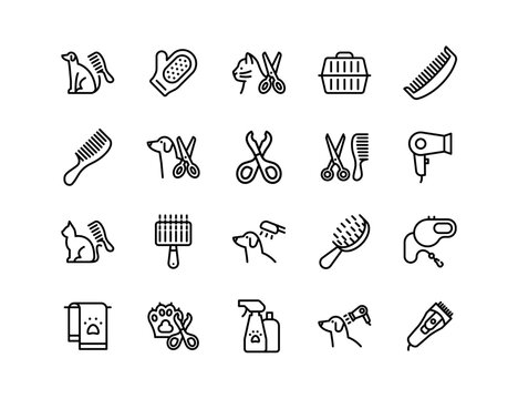 Pet Grooming Vector Icon Set | Adjustable Line Weight | Grooming, dog, cat, scissors, brush, comb, dryer, care, cleaning, hygiene, clippers, tools, fur, salon icons