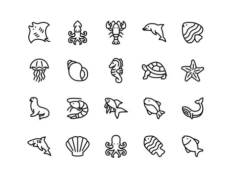Sea Animals Vector Icon Set | Adjustable Line Weight | Fish, dolphin, whale, shark, squid, octopus, turtle, jellyfish, seahorse, shell, marine, aquatic, underwater icons