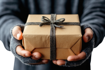 Hands offering a heartfelt gift wrapped in rustic brown paper and tied on transparent background