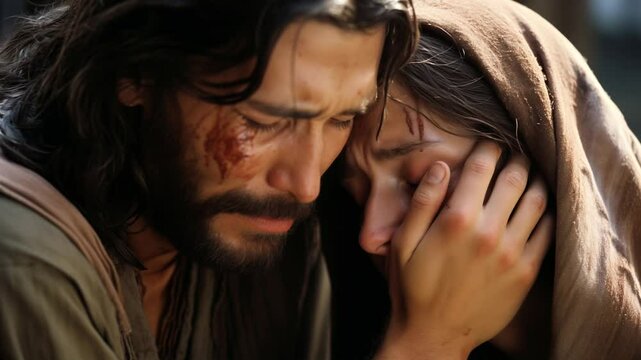 Jesus Christ with Virgin Mary hugging with sad looks on their faces