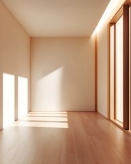 Sunlit Minimalist Room Interior with Light Beige Walls and Hardwood Floors
