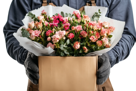 Delicate pink rose bouquet delivery carefully packaged in a brown box on transparent background