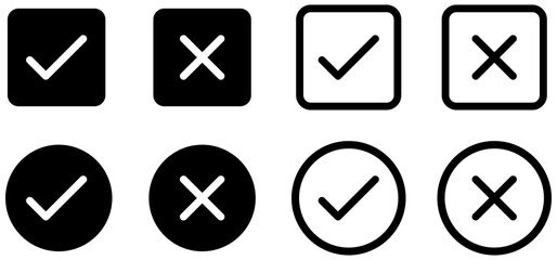 Check mark icon button set. Check box icon with right and wrong buttons and yes or no checkmark icons in black and white.
