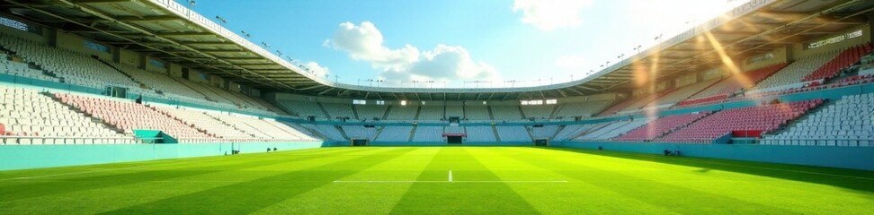 Fototapeta premium Empty aluminum bleachers, sunny summer day, vibrant green field , event, summer day