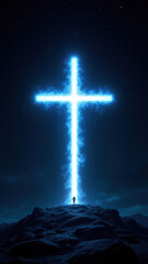 Naklejka premium Illustration showing a person on a hill with a luminous cross against a dark sky, symbolizing Christianity.
