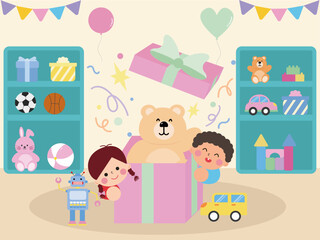 선물 상자와 풍선이 가득한 장난감 방에서 노는 행복한 아이들