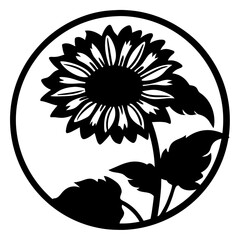 Japanese Crest with Sunflower Floral Design- Circular black and white Japanese crest featuring a bold sunflower with detailed petals and leaves, representing tradition, nature, and culture