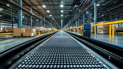 Fototapeta premium Spacious modern warehouse with automated conveyor system and stacked cardboard boxes