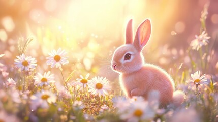 Obraz premium Cute Rabbit Sitting in Field of Daisies Bathed in Golden Light