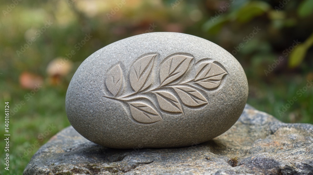 Aufkleber Carved stone featuring leaf pattern resting on a natural surface in a tranquil outdoor setting