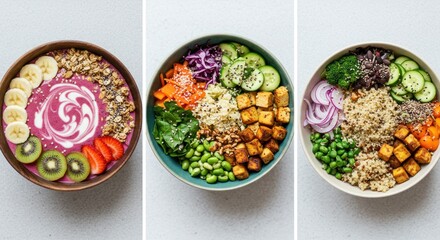 Three bowls with different healthy ingredients like fruit vegetables and grains.
