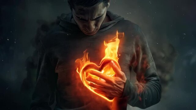 Conceptual art depicting a man with a flaming body, symbolizing inner pain, soul suffering, and emotional turmoil in a dramatic and surreal visual