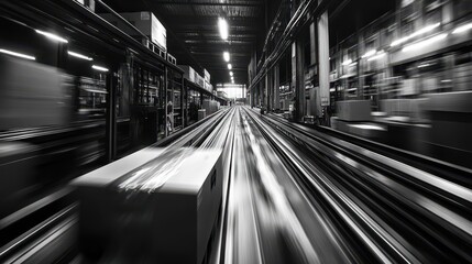 Naklejka premium High-speed automated conveyor system in industrial warehouse