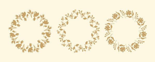 Set of simple floral circle frames. Hand drawn botanical wreaths featuring branches, leaves, and flowers. Isolated vector illustrations, perfect for wedding invitations, cards, poster templates.