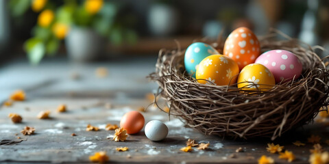 Bright festive eggs in rustic natural nest