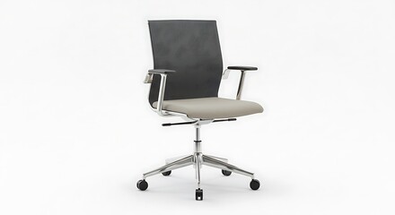 Modern office chair, swivel base, gray and silver, against a clean white backdrop.