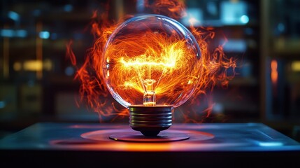 Glowing light bulb with fiery filament in dark ambient setting