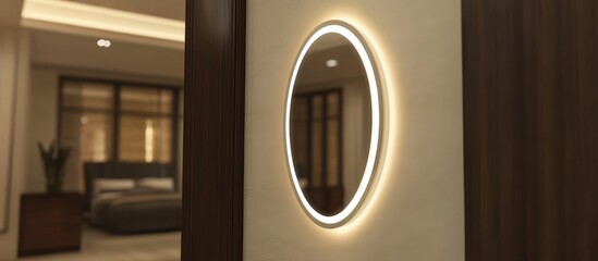 Oval illuminated mirror in modern bedroom.