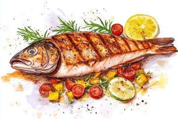 Watercolor Grilled Fish with Citrus and Herbs - Delicious grilled fish served with a vibrant mix of citrus fruits, cherry tomatoes, and fresh herbs