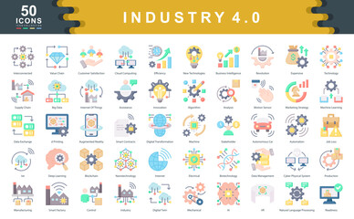 The Industry 4.0 flat icon set captures digital transformation across manufacturing, automation, IoT, and AI perfect for visualizing innovation, connectivity, and smart production systems.