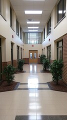 Obraz premium School hallway with potted plants
