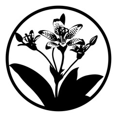 Obraz premium Elegant Black and White Floral Design Featuring Lilylike Flowers in a Circular Frame