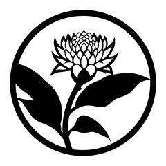 Elegant Black and White Floral Design in a Circle Artistic Botanical Illustration of a Flower with Leaves