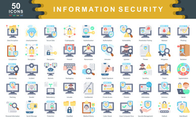 The Information Security flat icon set highlights core cybersecurity measures including encryption, firewalls, and threat detection ideal for digital safety, data protection, and IT risk management.