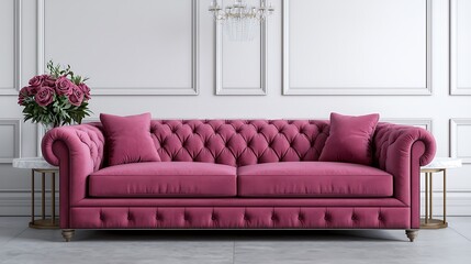 Elegant room interior design showcasing a luxurious button-tufted sofa with soft pillows and a bouquet of flowers for sophisticated living.