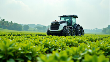 Fototapeta premium Modern Tractor in Lush Green Fields