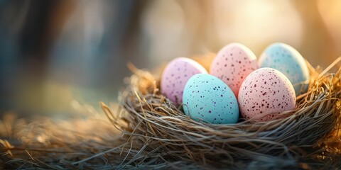 Obraz premium Colorful speckled eggs resting in a natural nest during a serene sunset